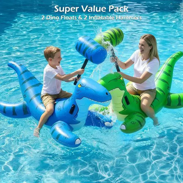 Alt view image 3 of 7 - Pool Games Toys Floats -2Pack Inflatable Dinosaur Pool Floats with Blow Up Toy Hammers Ride on Pool Floaties for Kids Teens Adults Lounge Raft Summer Lake Beach Party Decorations