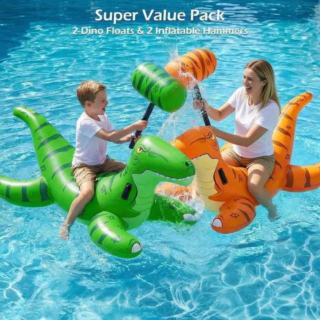 Alt view image 3 of 7 - Pool Games Toys Floats -2Pack Inflatable Dinosaur Pool Floats with Blow Up Toy Hammers Ride on Pool Floaties for Kids Teens Adults Lounge Raft Summer Lake Beach Party Decorations