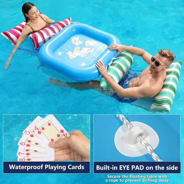 Alt view image 7 of 7 - Pool Floats Adult Games - 2 Pack Fabric Inflatable Pool Floaties Water Hammock Chair w Floating Table Waterproof Playing Cards Party Game Toys Lake Lounger Raft Pool Hammock Float Floaty