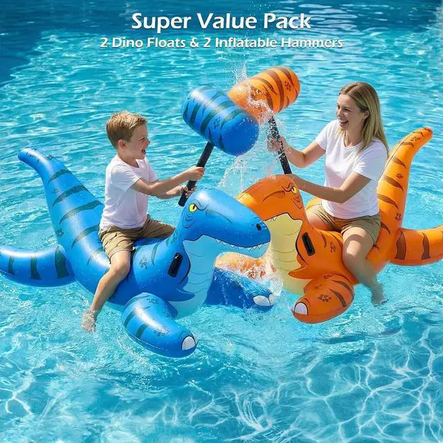 Alt view image 3 of 7 - Pool Games Toys Floats -2Pack Inflatable Dinosaur Pool Floats with Blow Up Toy Hammers Ride on Pool Floaties for Kids Teens Adults Lounge Raft Summer Lake Beach Party Decorations