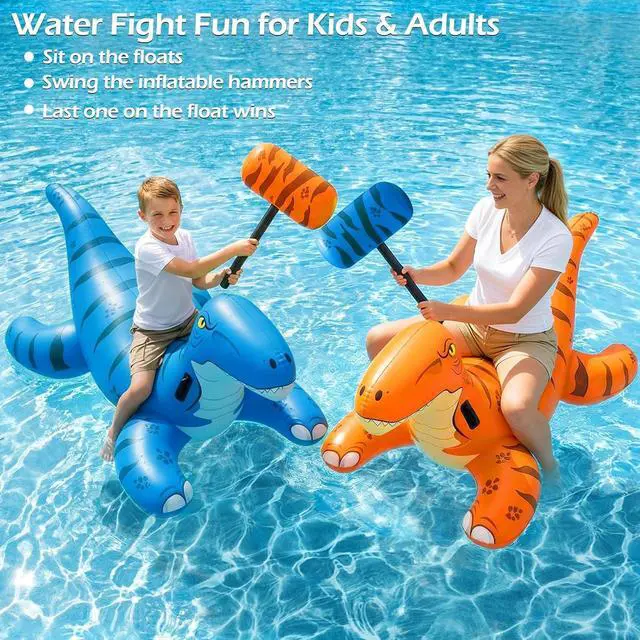 Alt view image 2 of 7 - Pool Games Toys Floats -2Pack Inflatable Dinosaur Pool Floats with Blow Up Toy Hammers Ride on Pool Floaties for Kids Teens Adults Lounge Raft Summer Lake Beach Party Decorations