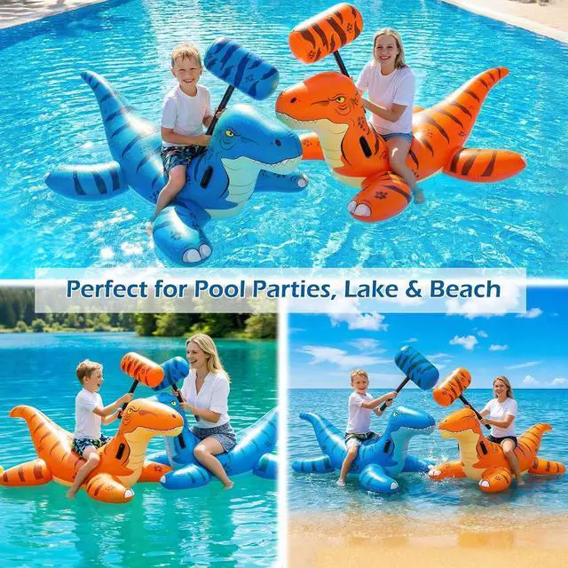 Alt view image 7 of 7 - Pool Games Toys Floats -2Pack Inflatable Dinosaur Pool Floats with Blow Up Toy Hammers Ride on Pool Floaties for Kids Teens Adults Lounge Raft Summer Lake Beach Party Decorations