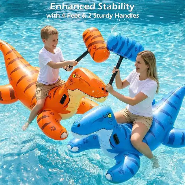 Alt view image 4 of 7 - Pool Games Toys Floats -2Pack Inflatable Dinosaur Pool Floats with Blow Up Toy Hammers Ride on Pool Floaties for Kids Teens Adults Lounge Raft Summer Lake Beach Party Decorations
