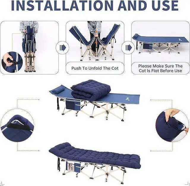 Alt view image 4 of 7 - Heated Cot with Cushion, Heated Camping Cots, Folding Cots with Mattress for Adults, with Pillow, Carry Bag & Storage Pocket, Extra Wide Sturdy, Holds Up to 500 Lbs (2, Heated Mattress Navy)