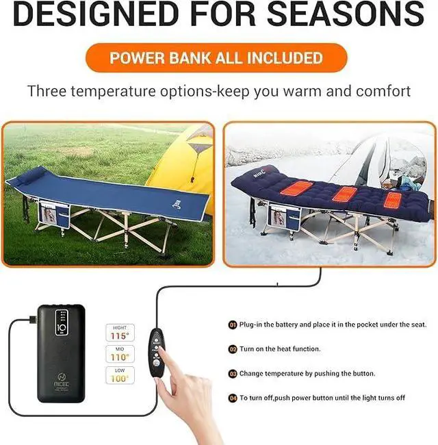 Alt view image 3 of 7 - Heated Cot with Cushion, Heated Camping Cots, Folding Cots with Mattress for Adults, with Pillow, Carry Bag & Storage Pocket, Extra Wide Sturdy, Holds Up to 500 Lbs (2, Heated Mattress Navy)
