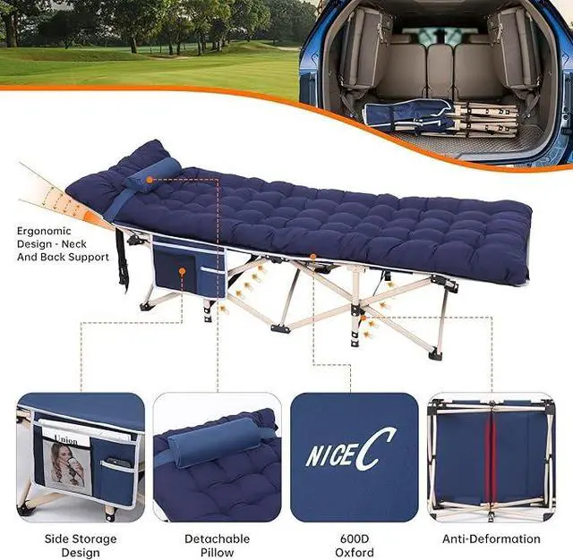 Alt view image 2 of 7 - Heated Cot with Cushion, Heated Camping Cots, Folding Cots with Mattress for Adults, with Pillow, Carry Bag & Storage Pocket, Extra Wide Sturdy, Holds Up to 500 Lbs (2, Heated Mattress Navy)