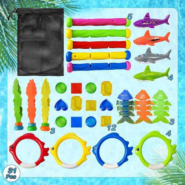 Alt view image 5 of 6 - Pool Diving Toys Games - 31 PCS Swimming Pool Toys for Kids Teens with Diving Rings Dive Sticks Underwater Treasures Torpedo Bandits Fish Toy etc Fun Water Swim Toy for Boys Girls Adults