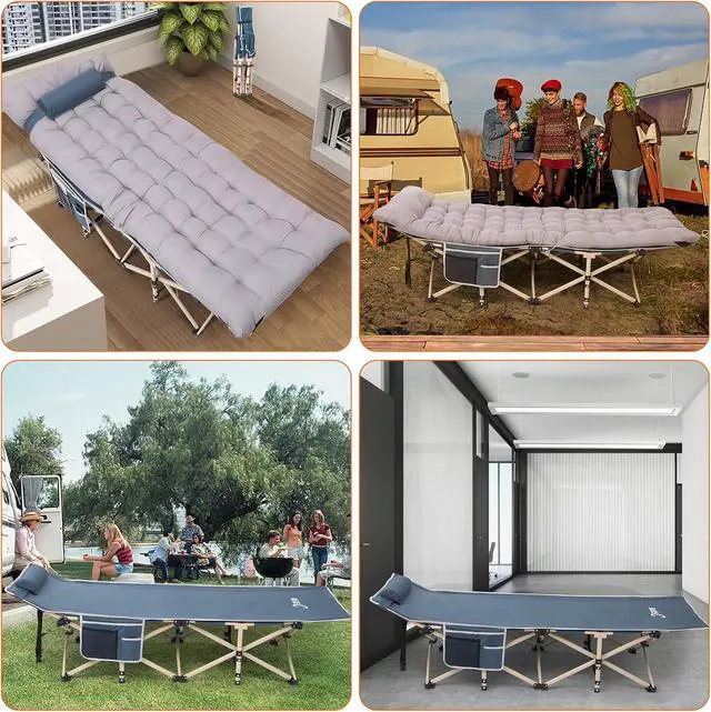 Alt view image 6 of 7 - Heated Cot with Cushion, Heated Camping Cots, Folding Cots with Mattress for Adults, with Pillow, Carry Bag & Storage Pocket, Extra Wide Sturdy, Holds Up to 500 Lbs (2, Heated Mattress Navy)