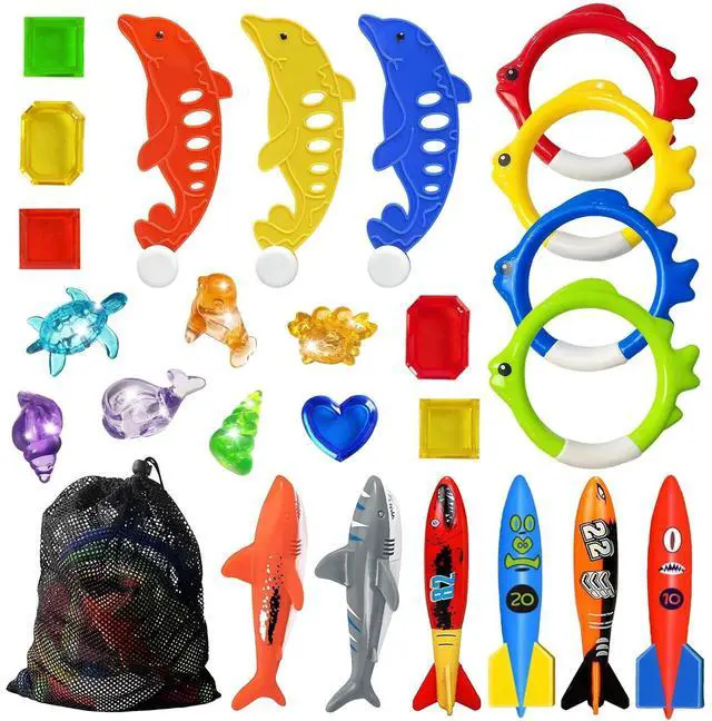 Main image of Pool Diving Toys Games - 25PCS Swimming Pool Toys with Dive Sticks and Rings Underwater Treasures Torpedo Bandits Fish Toy etc Fun Water Swim Toy for Boys Girls Adults Kids Teens