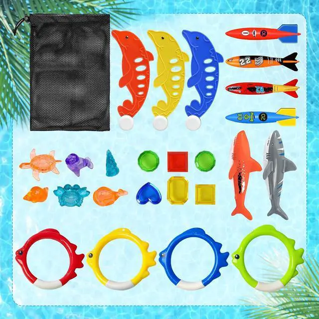 Alt view image 5 of 7 - Pool Diving Toys Games - 25PCS Swimming Pool Toys with Dive Sticks and Rings Underwater Treasures Torpedo Bandits Fish Toy etc Fun Water Swim Toy for Boys Girls Adults Kids Teens