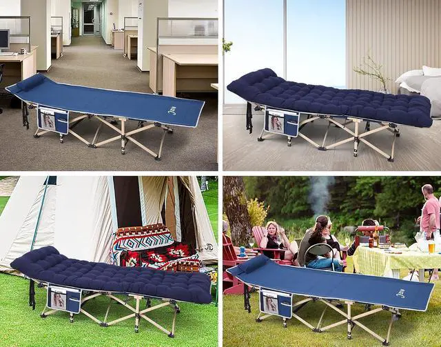Alt view image 3 of 6 - Camping Cots with Cushion, Folding Cots with Mattress for Adults, Bed Camping with Pillow, Carry Bag, Storage Pocket, Extra Wide Sturdy, Holds Up to 500 Lbs (1, Mattress Navy)