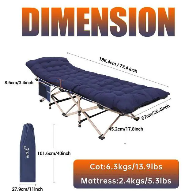 Alt view image 4 of 6 - Camping Cots with Cushion, Folding Cots with Mattress for Adults, Bed Camping with Pillow, Carry Bag, Storage Pocket, Extra Wide Sturdy, Holds Up to 500 Lbs (1, Mattress Navy)