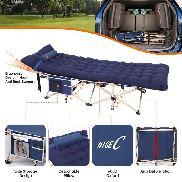 Alt view image 5 of 6 - Camping Cots with Cushion, Folding Cots with Mattress for Adults, Bed Camping with Pillow, Carry Bag, Storage Pocket, Extra Wide Sturdy, Holds Up to 500 Lbs (1, Mattress Navy)