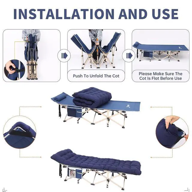 Alt view image 6 of 6 - Camping Cots with Cushion, Folding Cots with Mattress for Adults, Bed Camping with Pillow, Carry Bag, Storage Pocket, Extra Wide Sturdy, Holds Up to 500 Lbs (1, Mattress Navy)