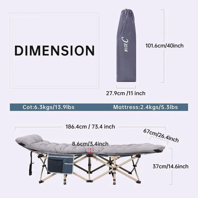 Alt view image 4 of 7 - Heated Cot with Battery, Heated Camping Cots with Cushion, Folding Cots with Mattress for Adults, with Pillow, Carry Bag & Storage Pocket, Extra Wide Sturdy, Holds Up to 500 Lbs (1 Pack Navy)