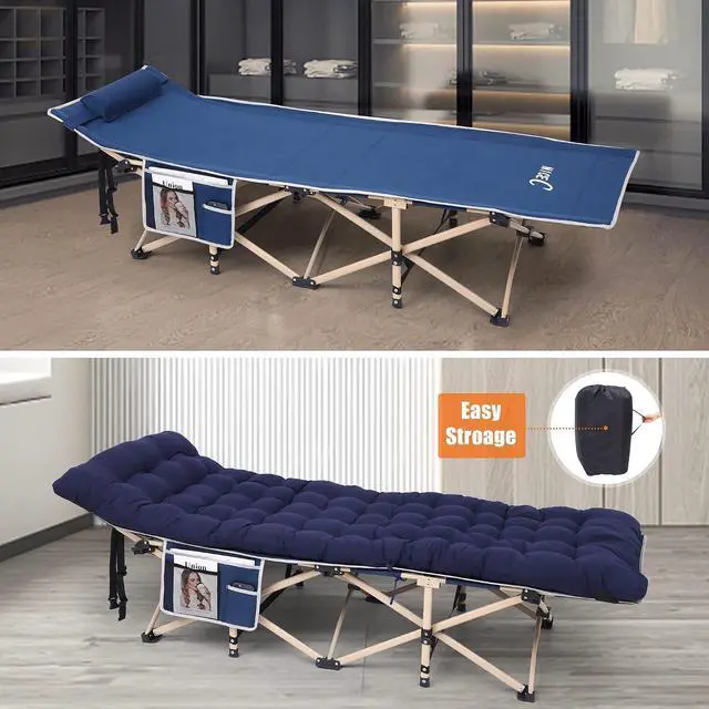 Alt view image 2 of 6 - Camping Cots with Cushion, Folding Cots with Mattress for Adults, Bed Camping with Pillow, Carry Bag, Storage Pocket, Extra Wide Sturdy, Holds Up to 500 Lbs (1, Mattress Navy)