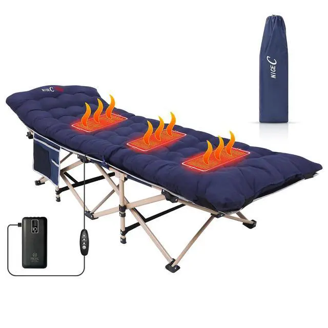 Main image of Heated Cot with Battery, Heated Camping Cots with Cushion, Folding Cots with Mattress for Adults, with Pillow, Carry Bag & Storage Pocket, Extra Wide Sturdy, Holds Up to 500 Lbs (1 Pack Navy)