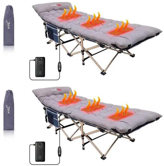 Main image of Heated Cot with Battery, Heated Camping Cots with Cushion, Folding Cots with Mattress for Adults, with Pillow, Carry Bag & Storage Pocket, Extra Wide Sturdy, Up to 500 Lbs (2 Pack, Grey)