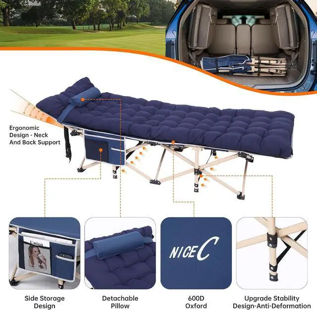 Alt view image 6 of 7 - Heated Cot with Battery, Heated Camping Cots with Cushion, Folding Cots with Mattress for Adults, with Pillow, Carry Bag & Storage Pocket, Extra Wide Sturdy, Holds Up to 500 Lbs (1 Pack Navy)