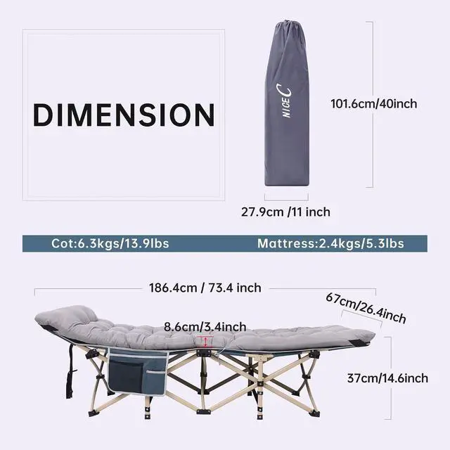 Alt view image 4 of 7 - Heated Cot with Battery, Heated Camping Cots with Cushion, Folding Cots with Mattress for Adults, with Pillow, Carry Bag & Storage Pocket, Extra Wide Sturdy, Up to 500 Lbs (2 Pack, Grey)