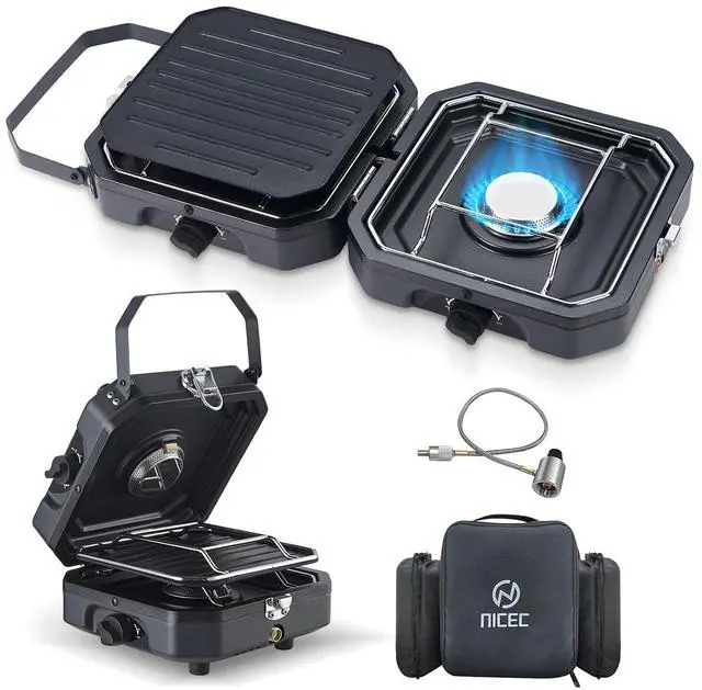 Main image of Camping Stove, Portable Camping Stove Propane, 2 Burner Propane Gas Stove, Mini Propane Grill, 16000 BTU Camp Stove with 2 Burner, Grill & Carry Bag for Camping