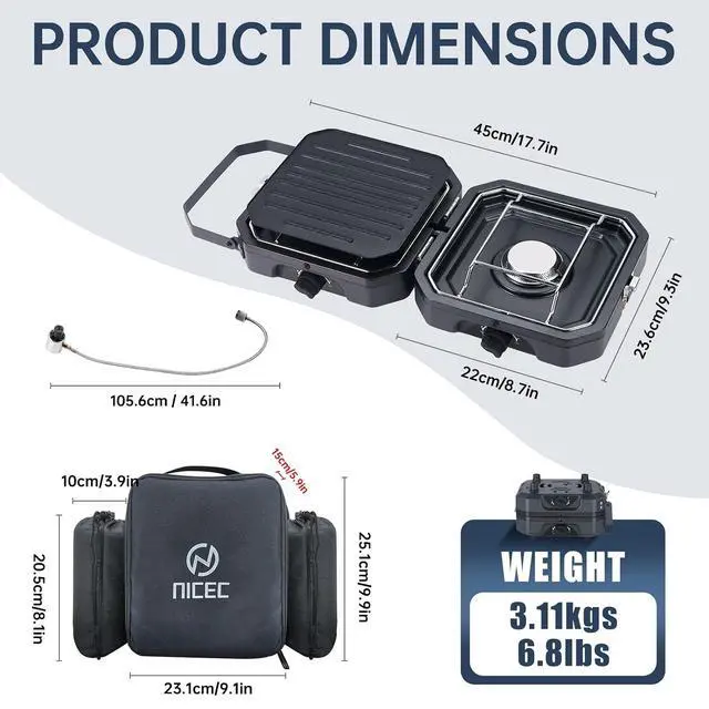 Alt view image 2 of 7 - Camping Stove, Portable Camping Stove Propane, 2 Burner Propane Gas Stove, Mini Propane Grill, 16000 BTU Camp Stove with 2 Burner, Grill & Carry Bag for Camping