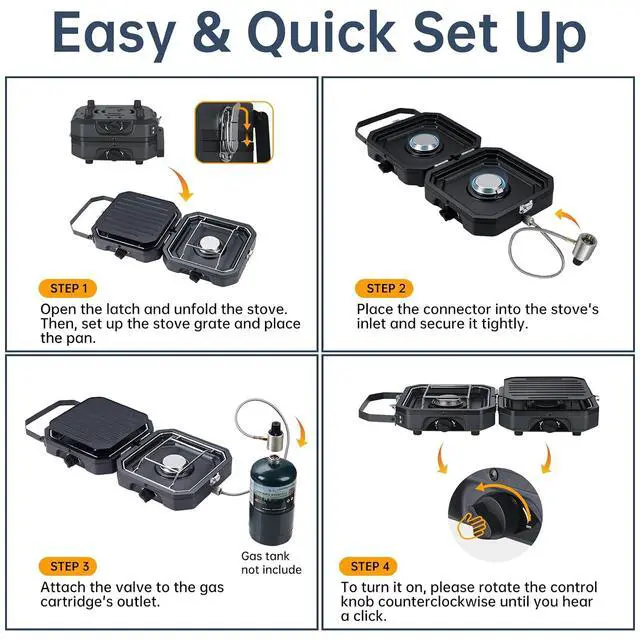 Alt view image 3 of 7 - Camping Stove, Portable Camping Stove Propane, 2 Burner Propane Gas Stove, Mini Propane Grill, 16000 BTU Camp Stove with 2 Burner, Grill & Carry Bag for Camping
