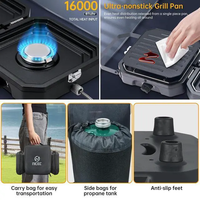 Alt view image 5 of 7 - Camping Stove, Portable Camping Stove Propane, 2 Burner Propane Gas Stove, Mini Propane Grill, 16000 BTU Camp Stove with 2 Burner, Grill & Carry Bag for Camping
