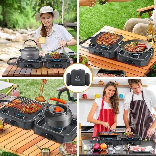 Alt view image 6 of 7 - Camping Stove, Portable Camping Stove Propane, 2 Burner Propane Gas Stove, Mini Propane Grill, 16000 BTU Camp Stove with 2 Burner, Grill & Carry Bag for Camping
