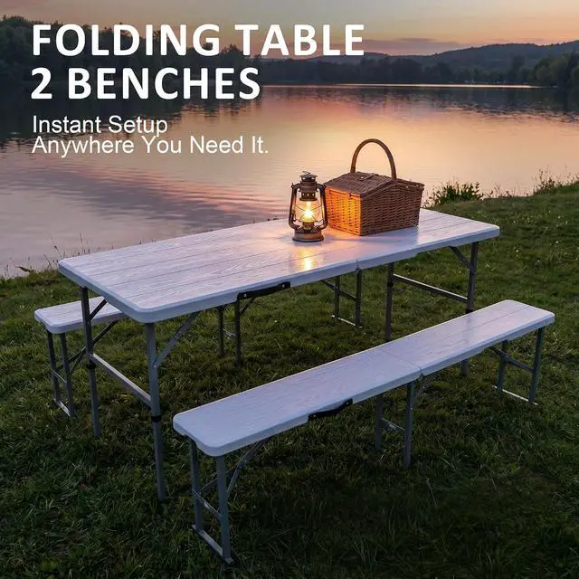 Alt view image 4 of 7 - Folding Picnic Table Set, 6FT Camping Table with 2 Benches, Portable Table with Chairs, 3 Piece Furniture for Indoor/Outdoor Use, with Wood Grain Surface, for Camping Patio Backyard