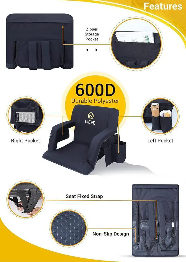Alt view image 2 of 5 - Stadium Seats, Floor Chair, Bleacher Chairs, 5 Reclining Positions Waterproof Cushion, Ultralight, Foldable, Extra Thick Padding, with Shoulder Straps & Net Pockets, Power Bank Not Included