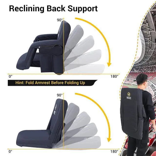 Alt view image 4 of 5 - Stadium Seats, Floor Chair, Bleacher Chairs, 5 Reclining Positions Waterproof Cushion, Ultralight, Foldable, Extra Thick Padding, with Shoulder Straps & Net Pockets, Power Bank Not Included