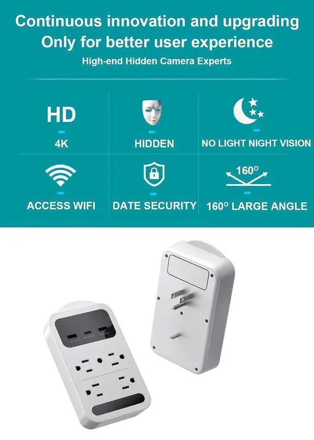 Alt view image 5 of 7 - 2026 Upgraded 4K Hidden Camera with Night Vision,Wireless WiFi Wall Outlet Camera,Motion Detection|SD Storage Indoor Camera for Pet|Home|Office (White)