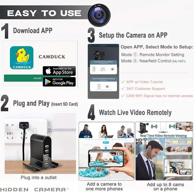Alt view image 7 of 7 - 2026 Upgraded 1080P HD Nanny Cam Hidden Camera Charger, WiFi Spy Camera with Live Streaming, Motion Detection, Indoor Security Camera for Home Monitoring