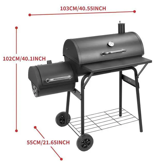 Alt view image 3 of 7 - Barrel Charcoal Grill with offset smoker,550 Square Inches Cooking Area, Outdoor BBQ Grill with Front Shelf, Perfect for Backyard, Patio Parties and Picnics.