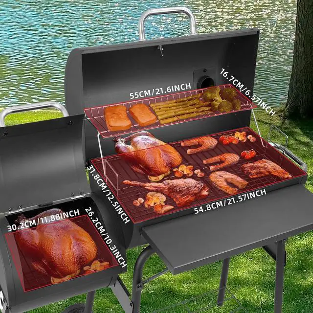 Alt view image 4 of 7 - Barrel Charcoal Grill with offset smoker,550 Square Inches Cooking Area, Outdoor BBQ Grill with Front Shelf, Perfect for Backyard, Patio Parties and Picnics.
