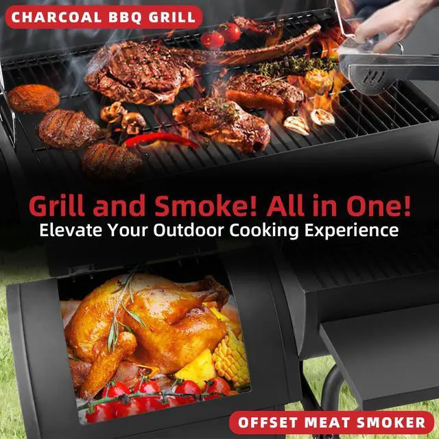 Alt view image 2 of 7 - Barrel Charcoal Grill with offset smoker, 714 Square Inches Cooking Area, Outdoor BBQ Grill with Front and Side Shelf, Perfect for Backyard, Patio Parties and Picnics