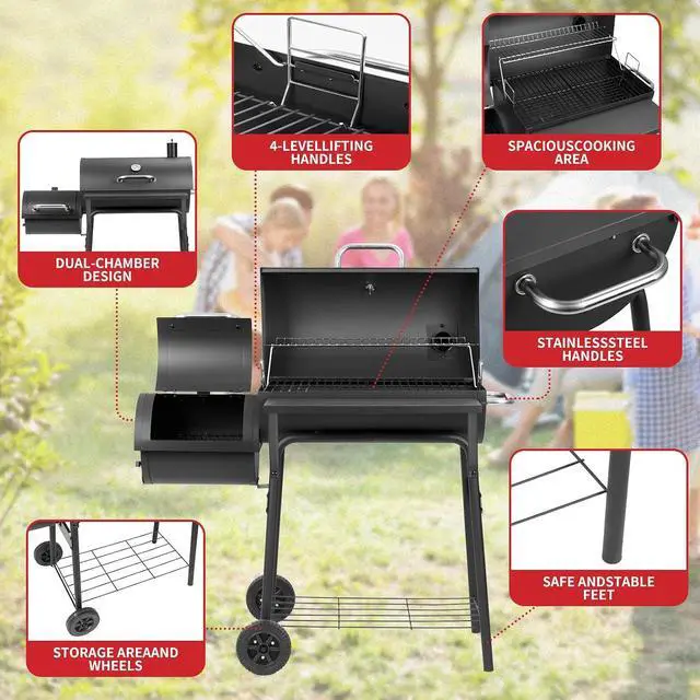 Alt view image 5 of 7 - Barrel Charcoal Grill with offset smoker,550 Square Inches Cooking Area, Outdoor BBQ Grill with Front Shelf, Perfect for Backyard, Patio Parties and Picnics.