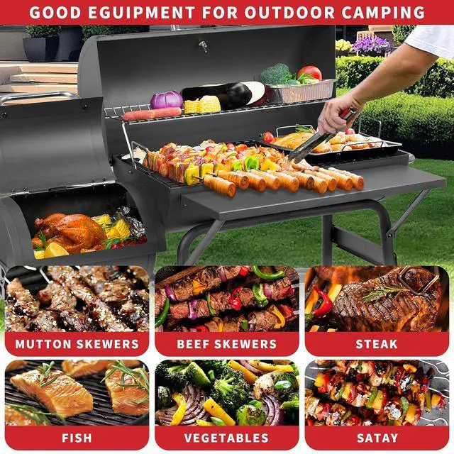Alt view image 6 of 7 - Barrel Charcoal Grill with offset smoker,550 Square Inches Cooking Area, Outdoor BBQ Grill with Front Shelf, Perfect for Backyard, Patio Parties and Picnics.