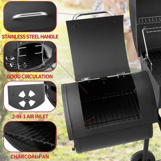 Alt view image 4 of 7 - Barrel Charcoal Grill with offset smoker, 714 Square Inches Cooking Area, Outdoor BBQ Grill with Front and Side Shelf, Perfect for Backyard, Patio Parties and Picnics