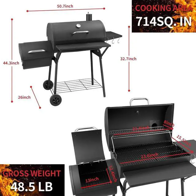 Alt view image 5 of 7 - Barrel Charcoal Grill with offset smoker, 714 Square Inches Cooking Area, Outdoor BBQ Grill with Front and Side Shelf, Perfect for Backyard, Patio Parties and Picnics