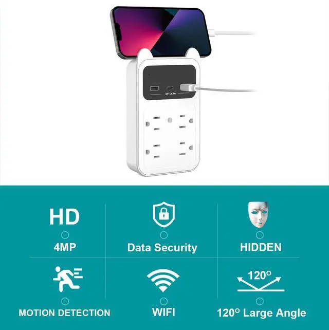 Alt view image 4 of 7 - 2026 Upgraded 4K HD Hidden Camera Wall Outlet Camera, Wireless Nanny Cam with 120° Wide Angle Loop Recording Motion Detection Easy Setup for Home, Pets & Office Indoor Security (White)