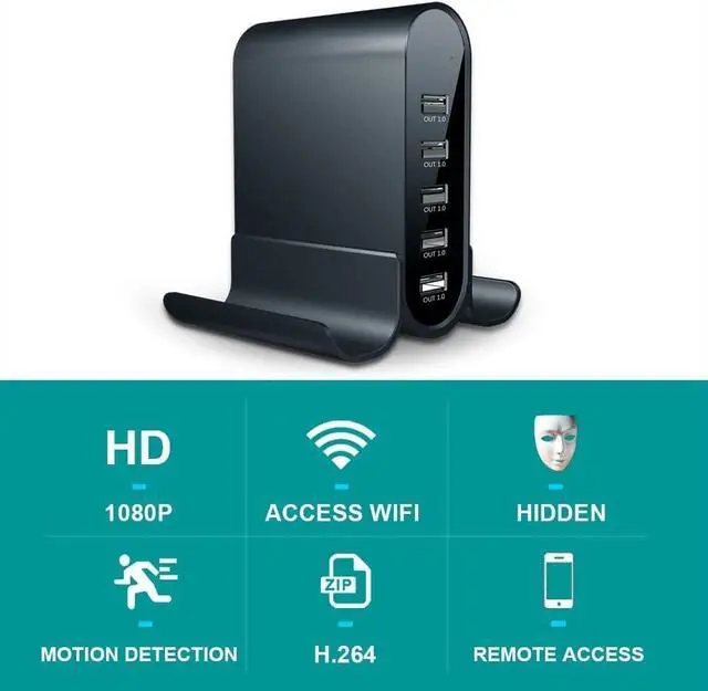 Alt view image 3 of 6 - 2026 Upgraded 1080P HD Spy Nanny Cam Hidden Camera Charger with 5 USB Ports, WiFi Security Camera, Live Streaming, Motion Detection, Pet Camera, Indoor Home Office Monitoring
