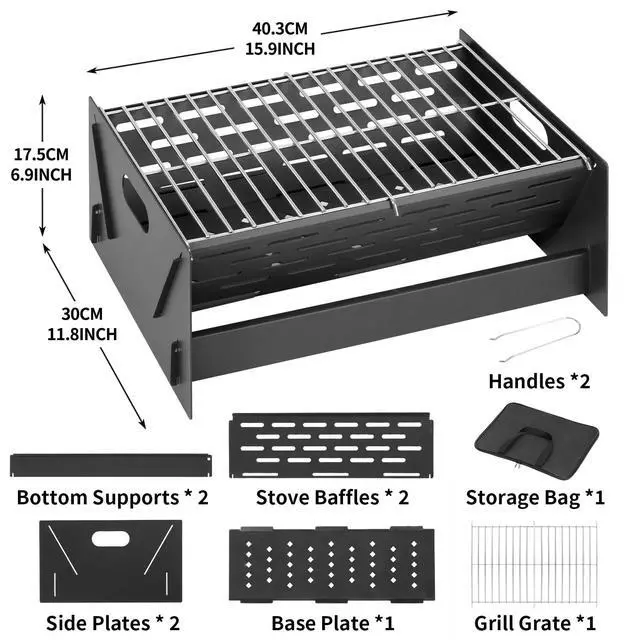 Alt view image 2 of 7 - 15.9" Foldable Portable Camping Charcoal Grill - Rust-Resistant Compact Tabletop Grill with Detachable Grate & Quick Assembly for Outdoor Cooking BBQ Smokes Beach Patio Backyard