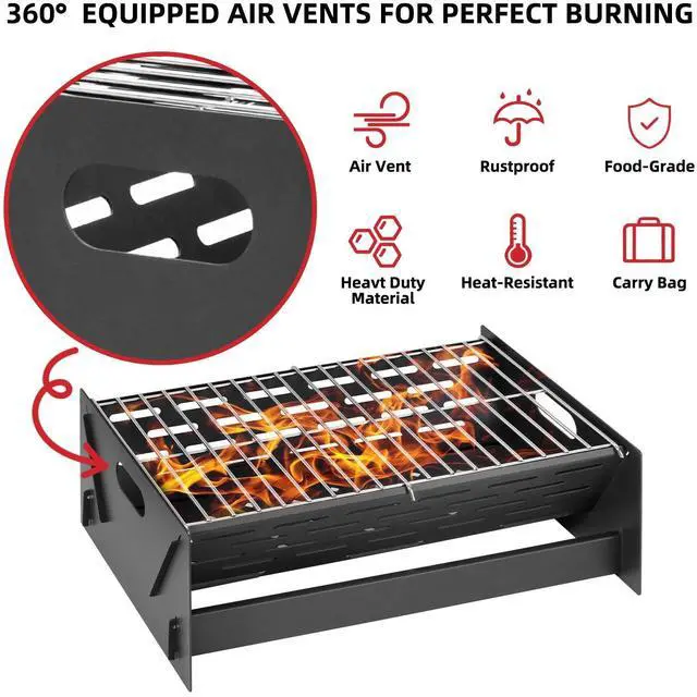 Alt view image 5 of 7 - 15.9" Foldable Portable Camping Charcoal Grill - Rust-Resistant Compact Tabletop Grill with Detachable Grate & Quick Assembly for Outdoor Cooking BBQ Smokes Beach Patio Backyard