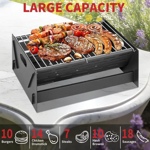 Alt view image 6 of 7 - 15.9" Foldable Portable Camping Charcoal Grill - Rust-Resistant Compact Tabletop Grill with Detachable Grate & Quick Assembly for Outdoor Cooking BBQ Smokes Beach Patio Backyard