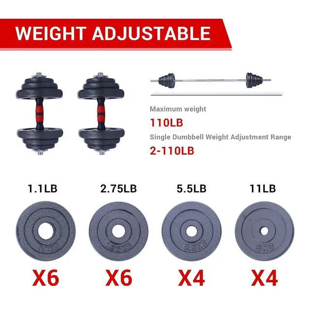 Alt view image 2 of 7 - Adjustable Dumbbells, Barbell Weight Set, Dumbbell Set, Weights Adjustable 22/33/44/66/105 Lbs Home Gym 2 in 1, Anti-Slip Handle, All-Purpose, Office, Fitness