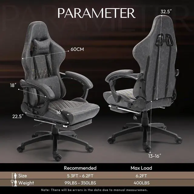 Alt view image 3 of 7 - Dowinx Big & Tall Vintage Gaming Chair for Adults, 400 lb Capacity Heavy Duty Ergonomic Computer Chair with Massage Lumbar, Footrest & Easy Side Recline, Grey