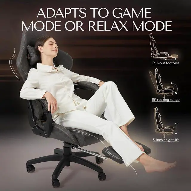 Alt view image 7 of 7 - Dowinx Big & Tall Vintage Gaming Chair for Adults, 400 lb Capacity Heavy Duty Ergonomic Computer Chair with Massage Lumbar, Footrest & Easy Side Recline, Grey