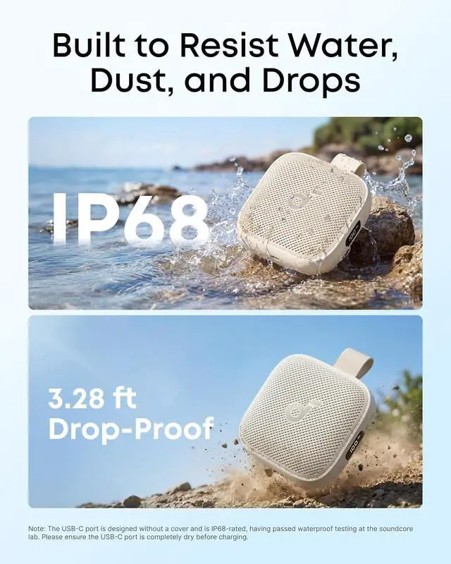 Alt view image 6 of 7 - Soundcore Anker Boom Go 3i Portable Bluetooth Speaker, 15W Punchy Sound, 24H Playtime, IP68, BassUp 2.0, Emergency Charging, Bluetooth 6.0, Waterproof Speaker for Hiking/Cycling/Camping (Beige)